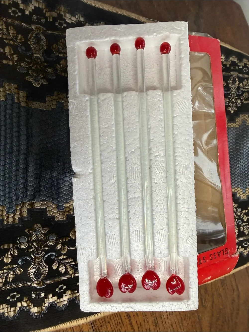 VTG Glass Drink Stirrer Set with Red Heart Tips